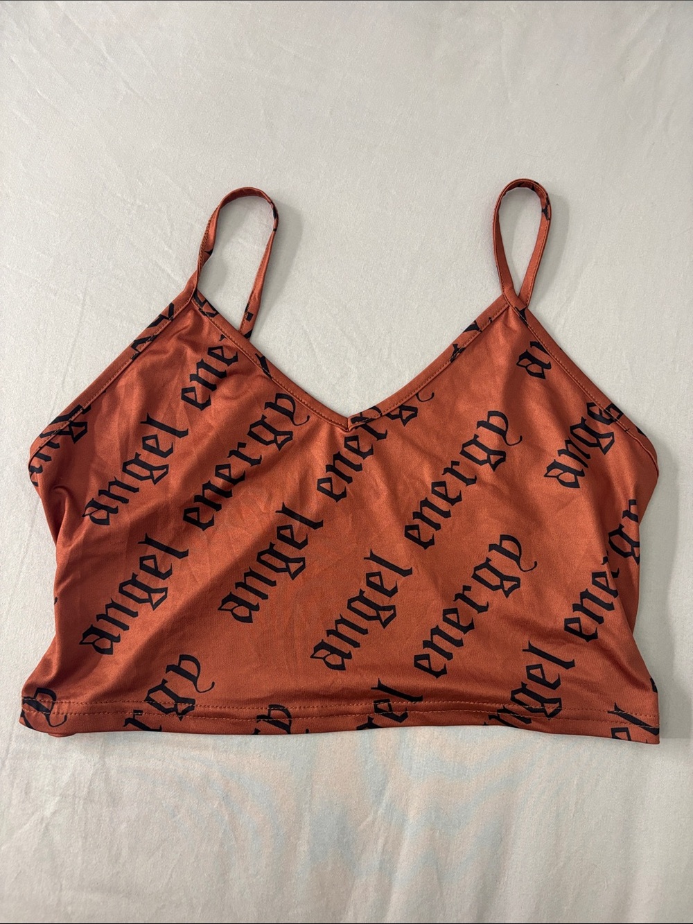 SHEIN Brown/ Rust Orange Graphic Cami with Black “Angel Energy” Print